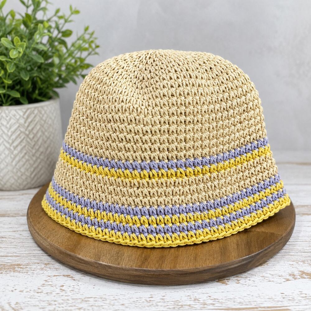 BP Straw Bucket Hat Natural Woven Yellow & Blue Stripe Summer Beach NWOT